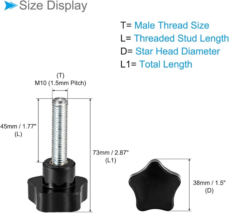CoCud Star Clamping Knobs, M10 x 45mm Male Thread 38mm Head, Plastic Thumb Screw Grip Hand Knobs Threaded Bolt Black - (Applications: for Lathe Machinery), 2-Pieces - Image 2